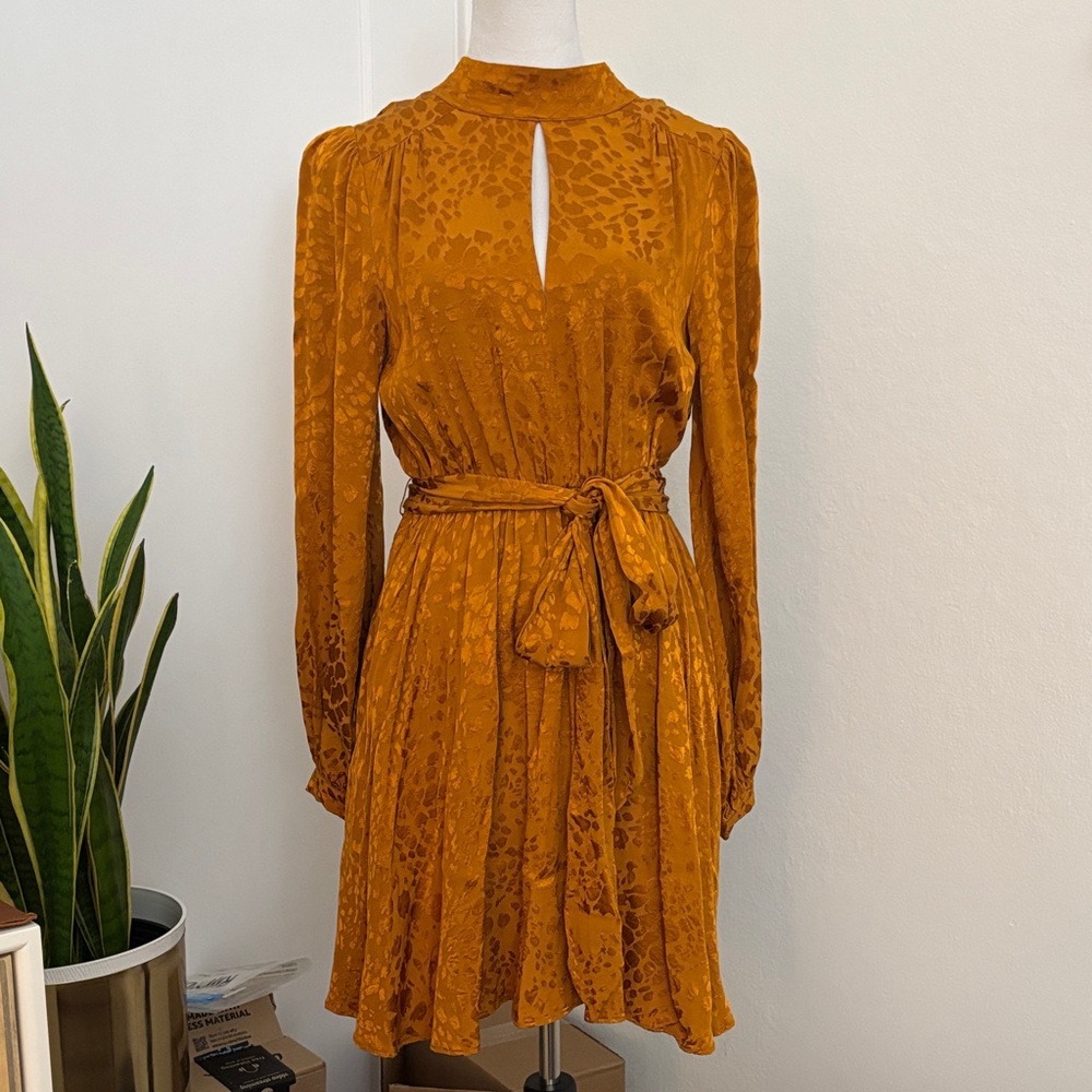 Anthropologie Mustard Animal Jacquard Long Sleeve Mini Dress Size Small